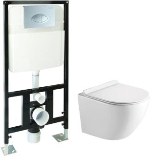 Комплект SantiLine SL-5005+SL-01 безободковый белый унитаз с сиденьем микролифт и инсталляция с клавишей смыва хром овал