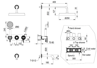 Смеситель встроенный Boheme + верхний + ручной душ + излив, ETERNA GUN METAL оружейная сталь