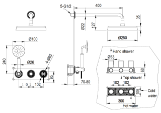 Смеситель встроенный Boheme + верхний+ ручной душ, ETERNA NICKEL BRUSH никель