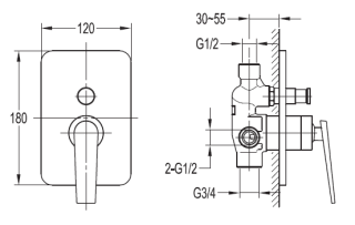 Встраиваемый однорычажный смеситель для душа с переключателем, хром Cezares BADEN-F-VDIM-01