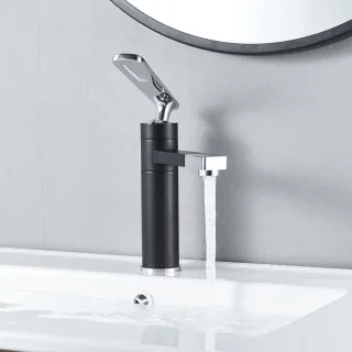 Смеситель для раковины Shevanik S6601H с поворотным носиком чёрный/хром