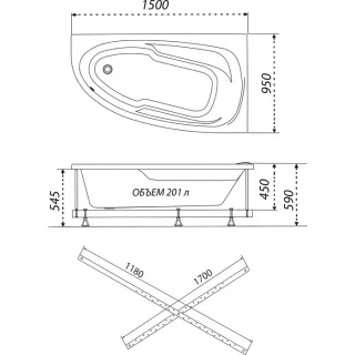 Акриловая ванна 1ACReal Мадрид Щ0000045643 правая обрезанная 150x95 см белый