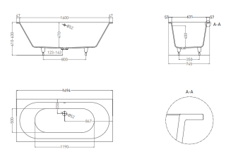 Ванна из искусственного камня Salini Ornella Axis Kit S-Sense 103513GRH 170x75см RAL снаружи