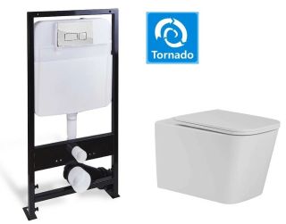 Комплект SantiLine SL-5027+SL-01 безободковый белый унитаз с сиденьем микролифт и инсталляция с клавишей смыва хром