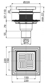Сливной трап AlcaPlast 150 ? 150/50/75мм решетка - хром APV4444