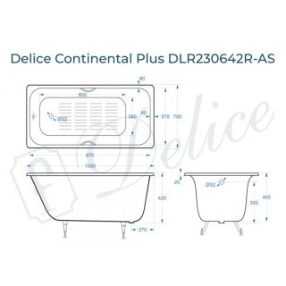 Ванна чугунная Delice Continental PLUS 100х70 с отверстиями под ручки и антискользящим покрытием